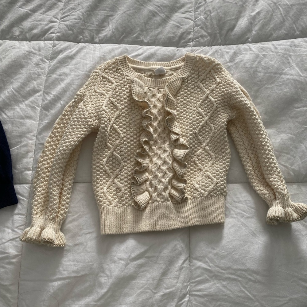 BabyGAP girl size 4 sweater Cream Gold Metallic Textured Knit Sweater ruffle hem - Picture 3 of 15